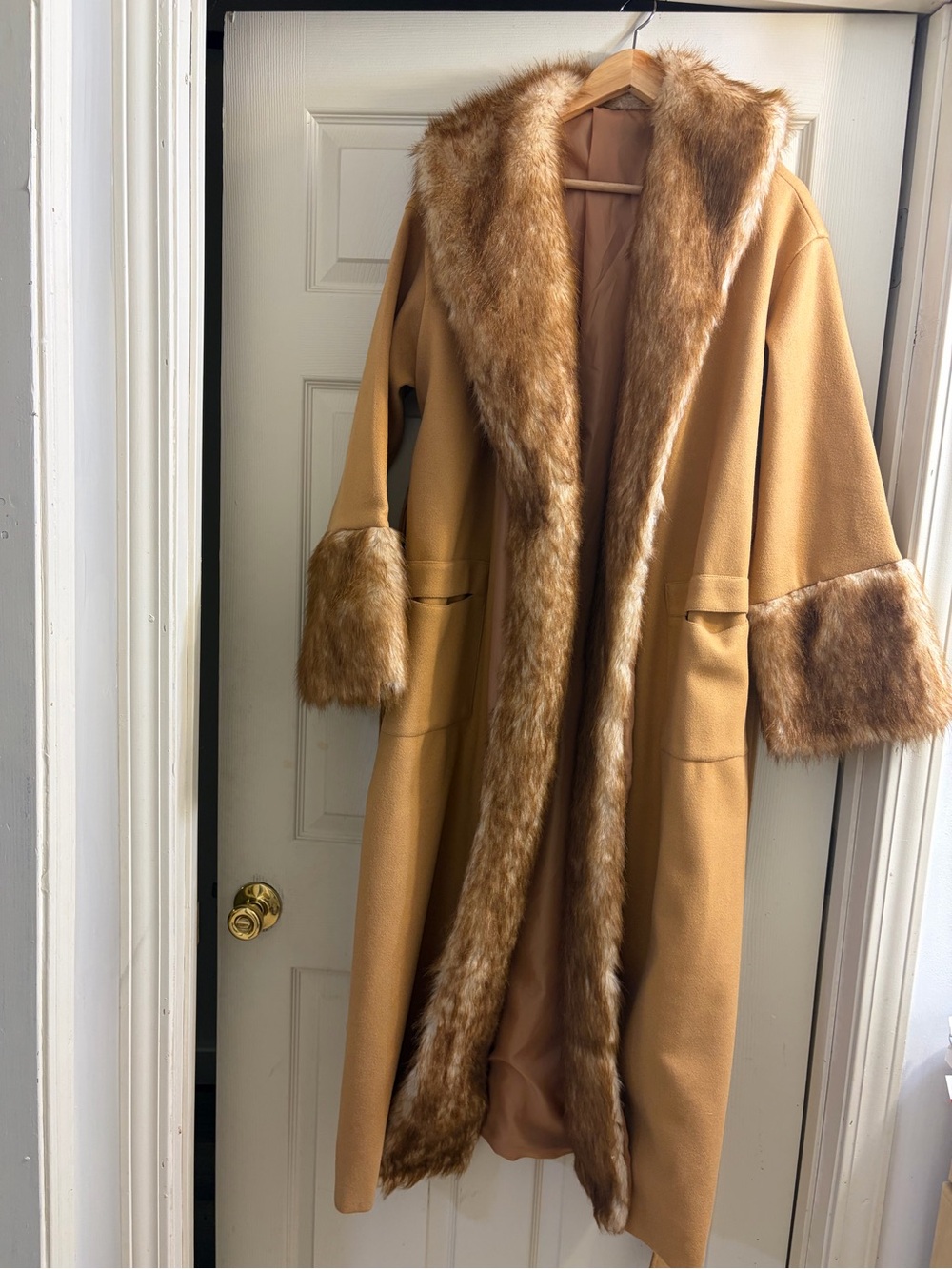 Women's Faux-Fur Trim Camel Long Trench Coat